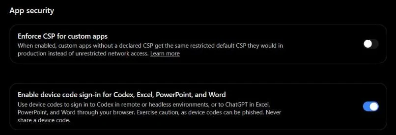 ChatGPT settings, App security section, with the switch Enable device code sign-in for Codex, Excel, PowerPoint, and Word turned on