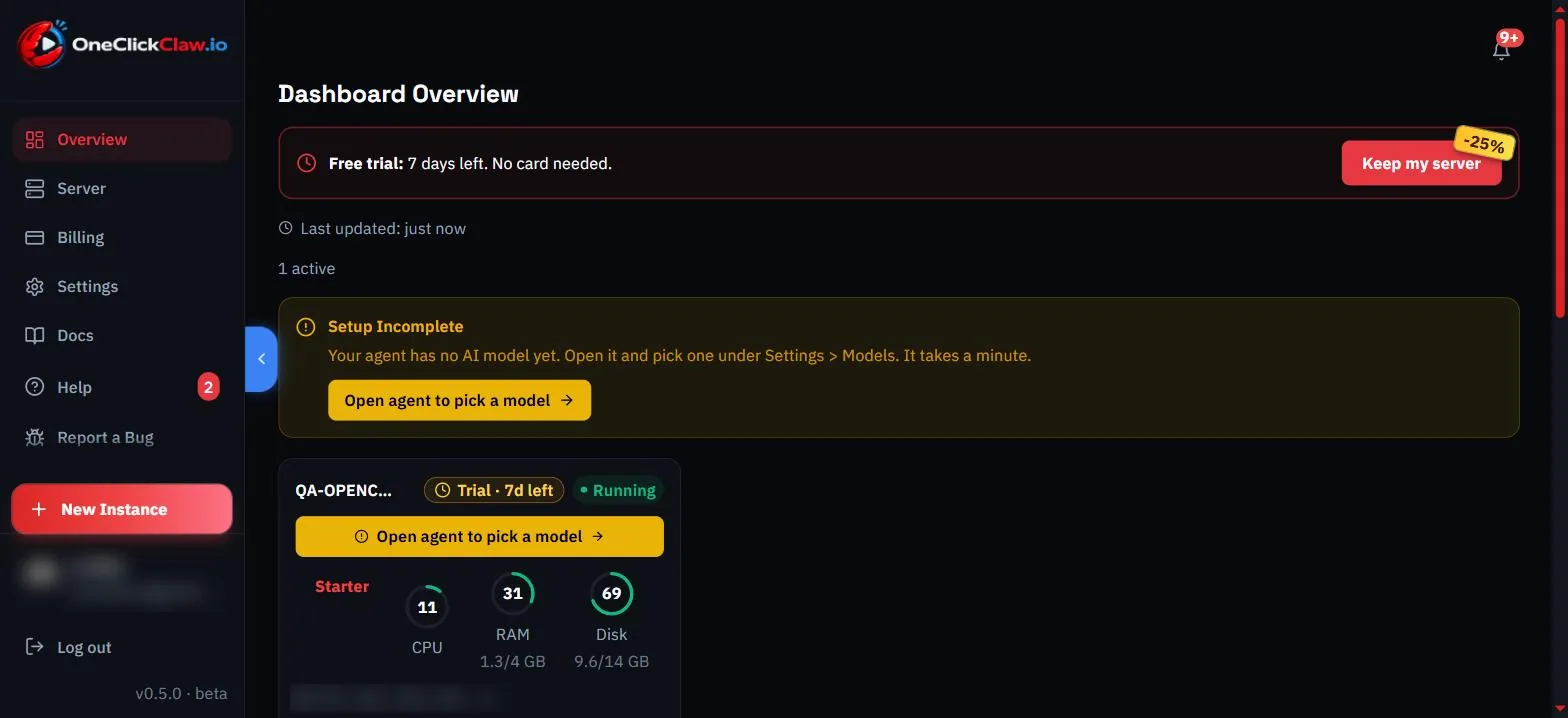 OneClickClaw dashboard with the yellow Open agent to pick a model button