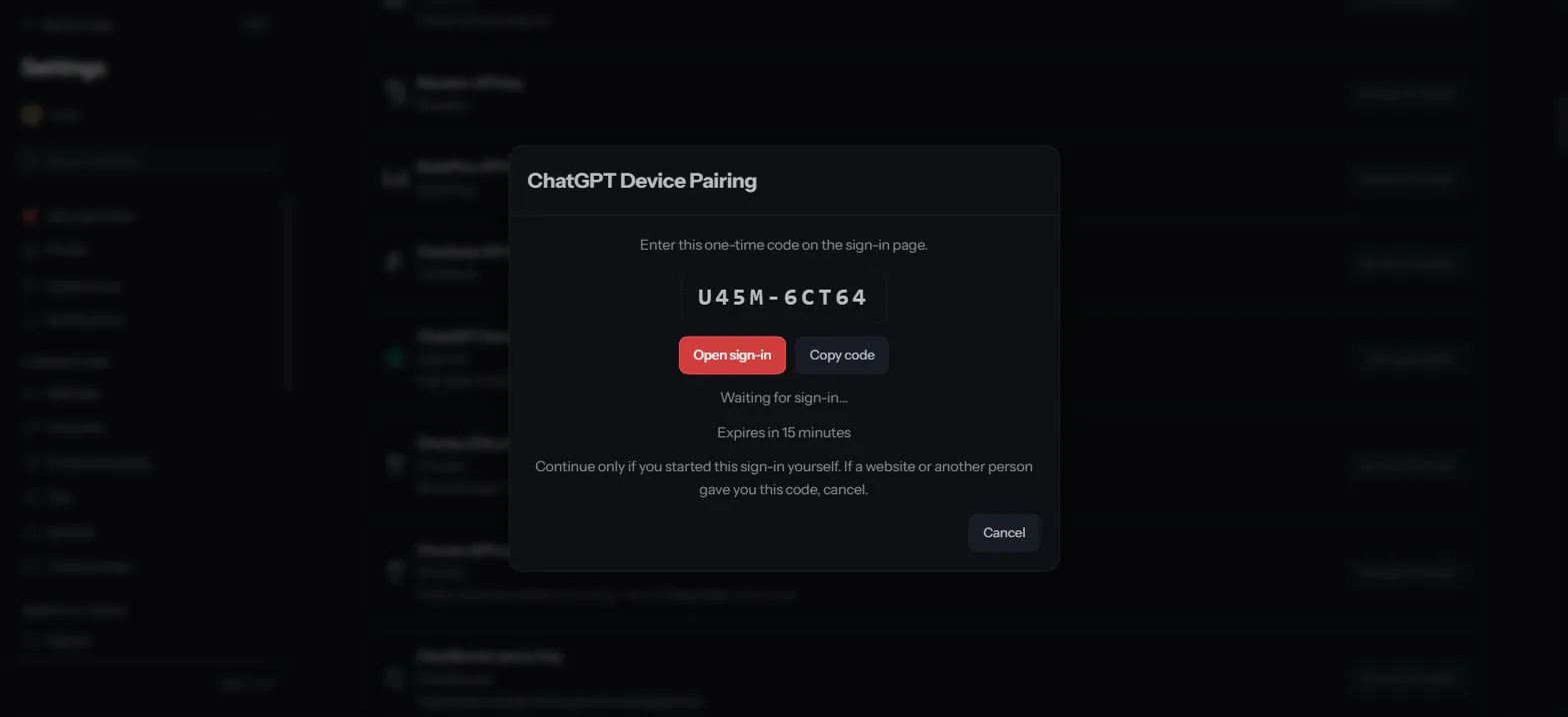 The ChatGPT Device Pairing window with a one-time code, the Open sign-in button and the note Waiting for sign-in