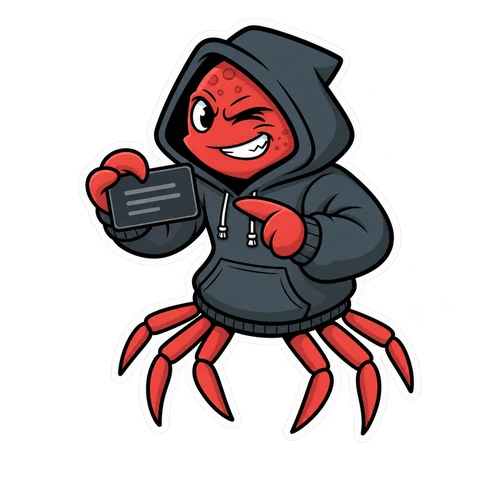 The OneClickClaw crab mascot holding up a config card