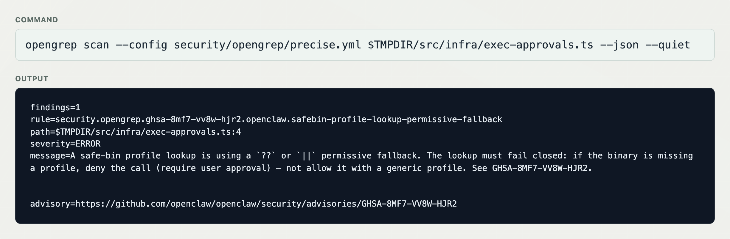 opengrep ghsa local rule hit evidence