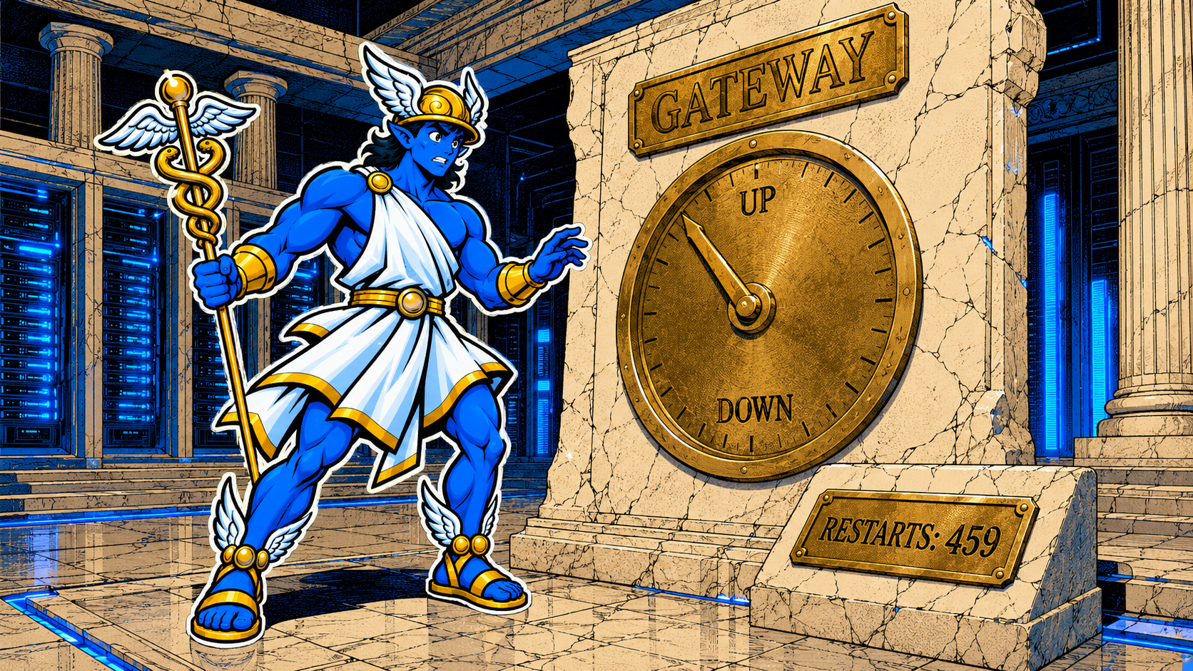 Comic-style Hermes mascot in a marble data centre, facing a gold gauge labeled GATEWAY with UP and DOWN marks and a plaque reading RESTARTS: 459