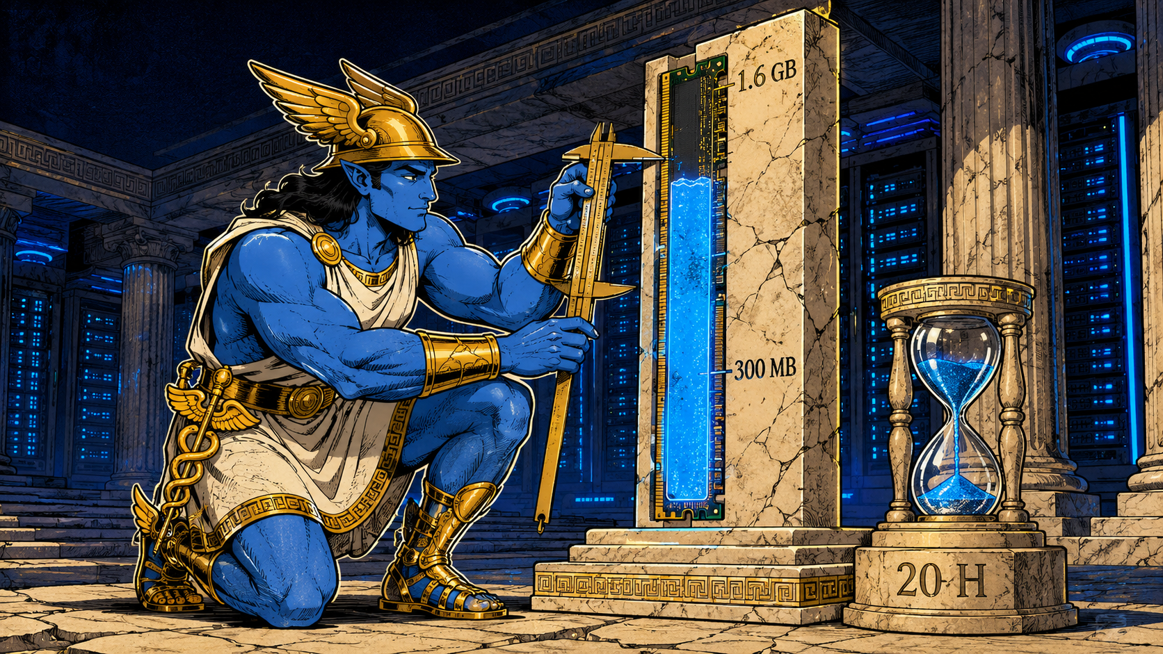 Hermes mascot measuring a marble gauge column shaped like a RAM stick, its blue level risen past a 300 MB mark toward a 1.6 GB mark, next to an hourglass engraved 20 H