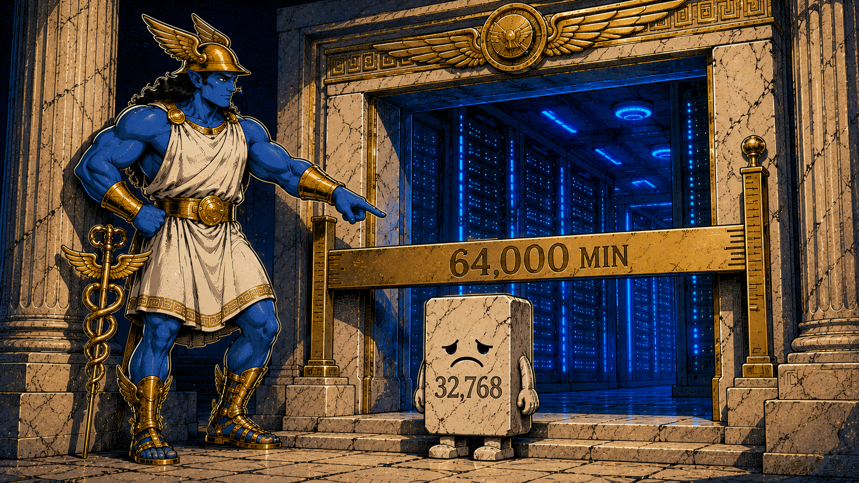 Hermes mascot as gatekeeper at a marble doorway with a measuring bar labeled 64,000 MIN, while a small block labeled 32,768 fails to pass