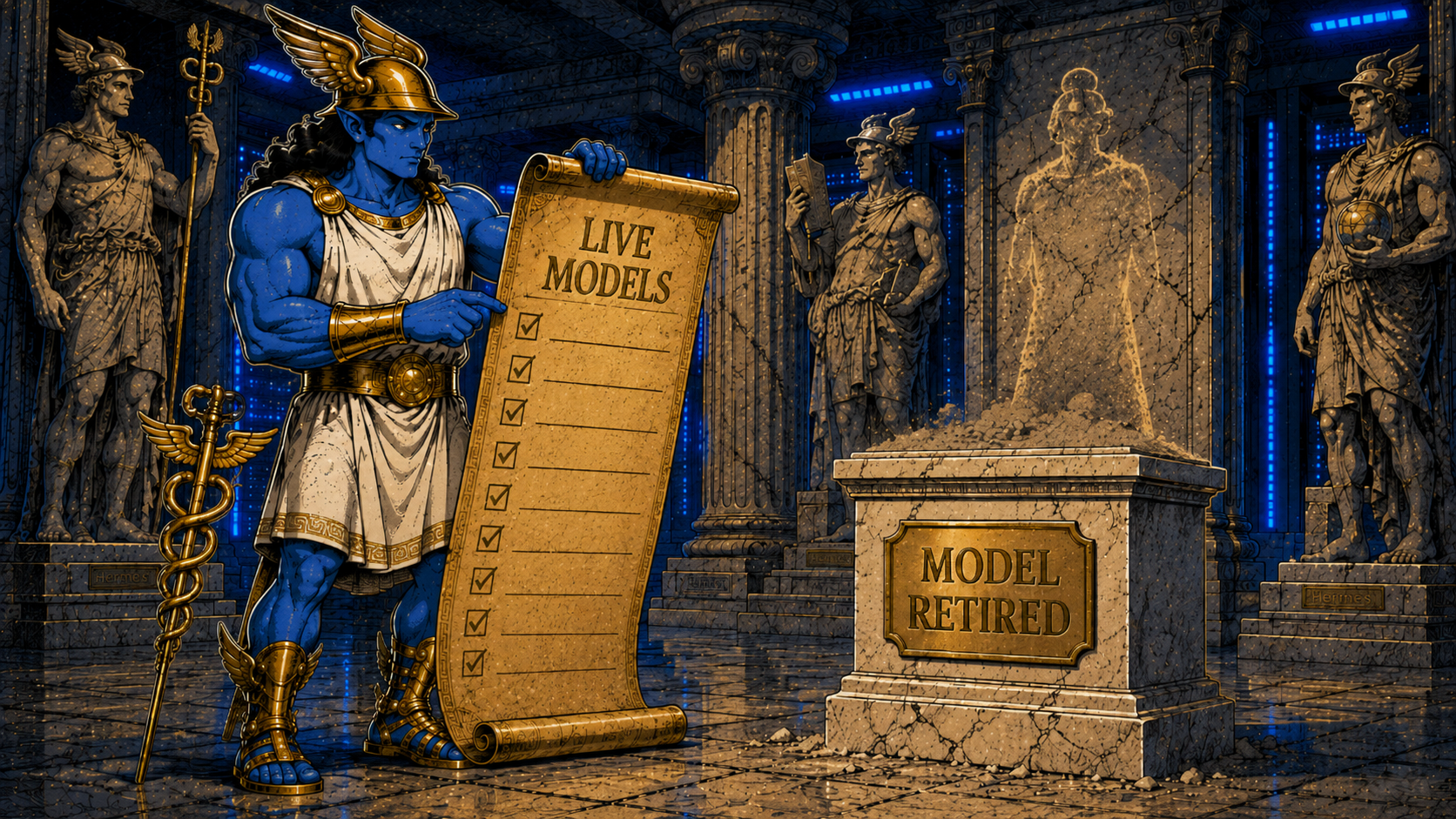 Hermes mascot reading a scroll labeled LIVE MODELS beside an empty marble plinth whose plaque reads MODEL RETIRED