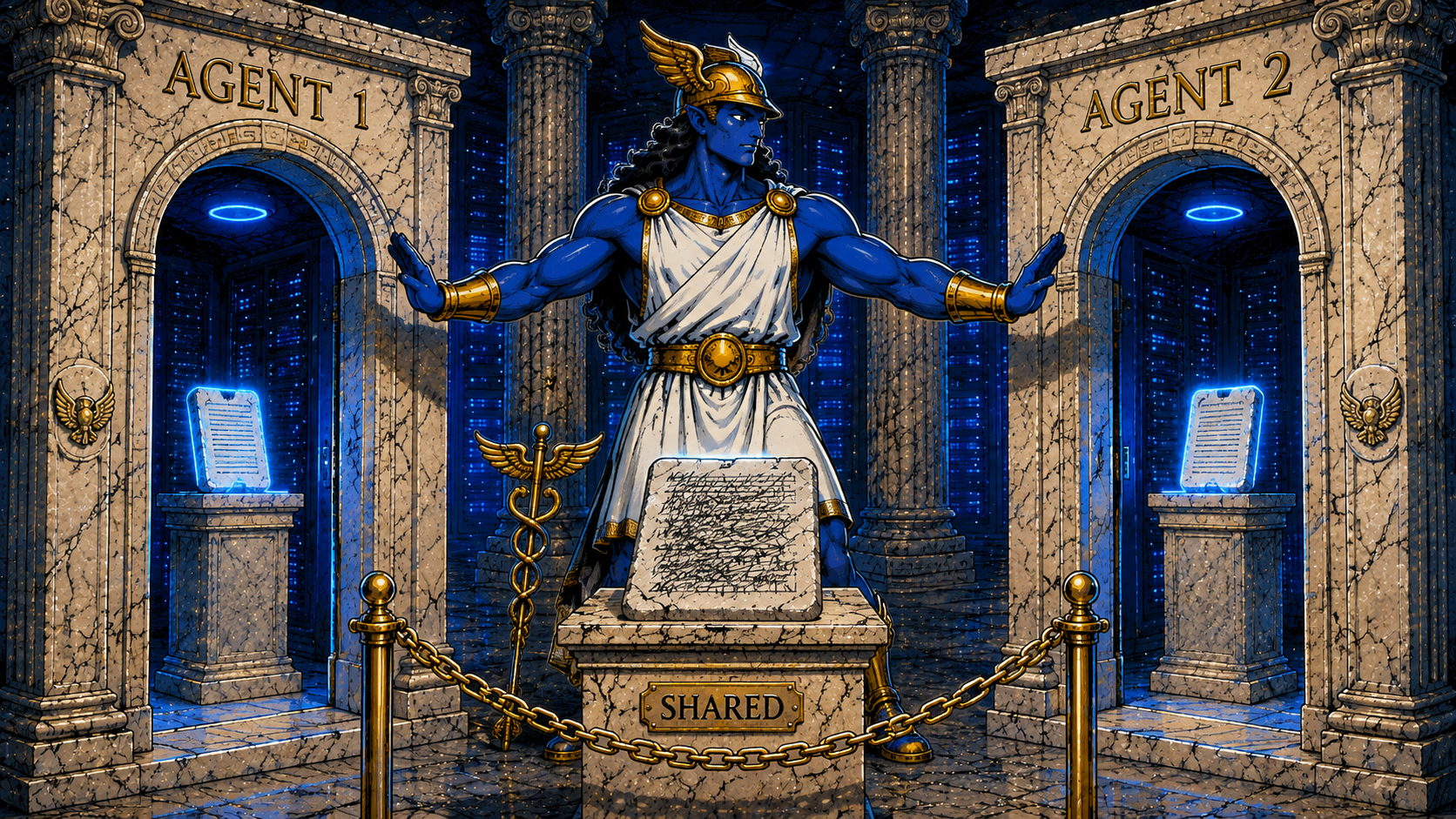Hermes mascot gesturing toward two marble doorways labeled AGENT 1 and AGENT 2, each with its own tablet, while a shared tablet between them shows scribbled conflicting text