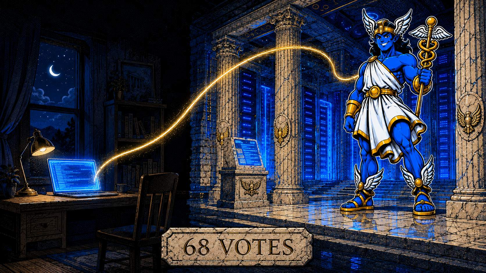 Split scene: a night desk with a glowing laptop connected by a golden thread of light to the Olympus marble data centre where the Hermes mascot stands, above a plaque reading 68 VOTES