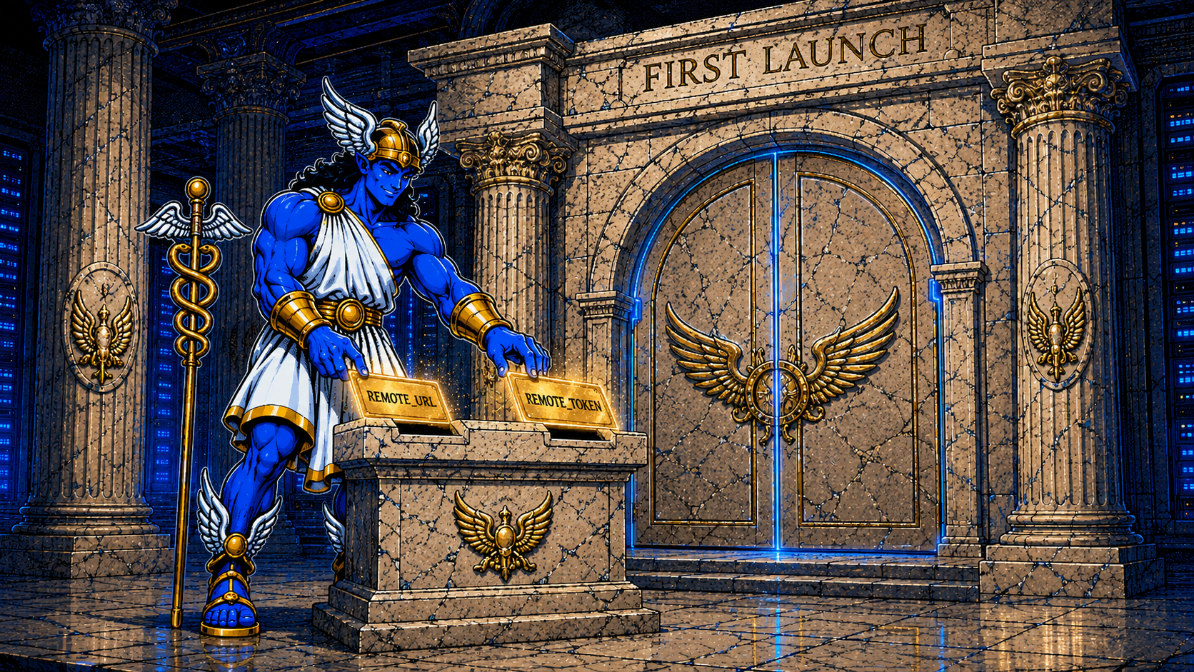 Hermes mascot slotting two gold tablets engraved REMOTE_URL and REMOTE_TOKEN into a marble pedestal before a closed archway engraved FIRST LAUNCH