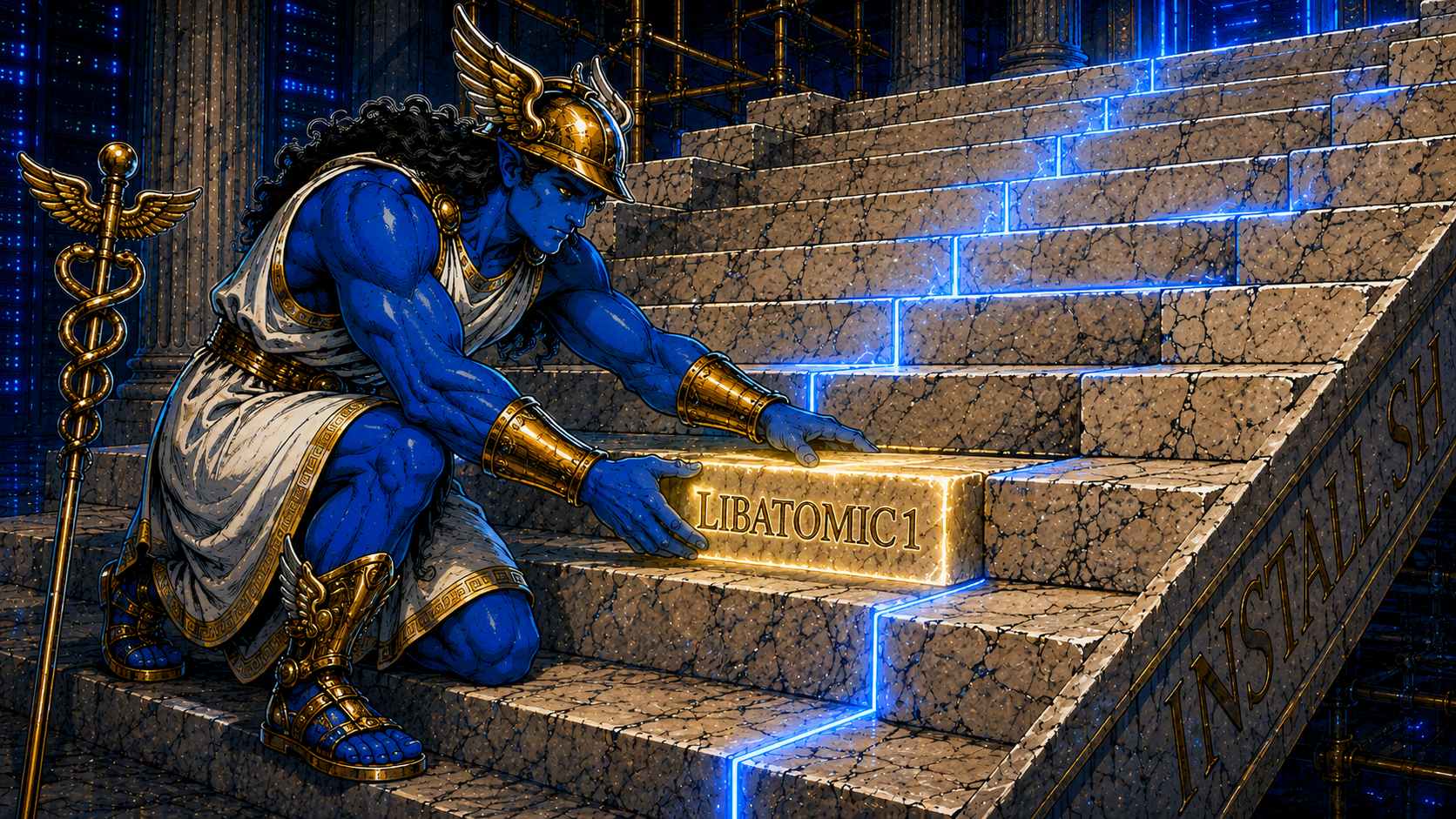 Hermes mascot fitting a glowing gold keystone engraved LIBATOMIC1 into the missing step of the marble staircase, blue light running up the repaired stairs