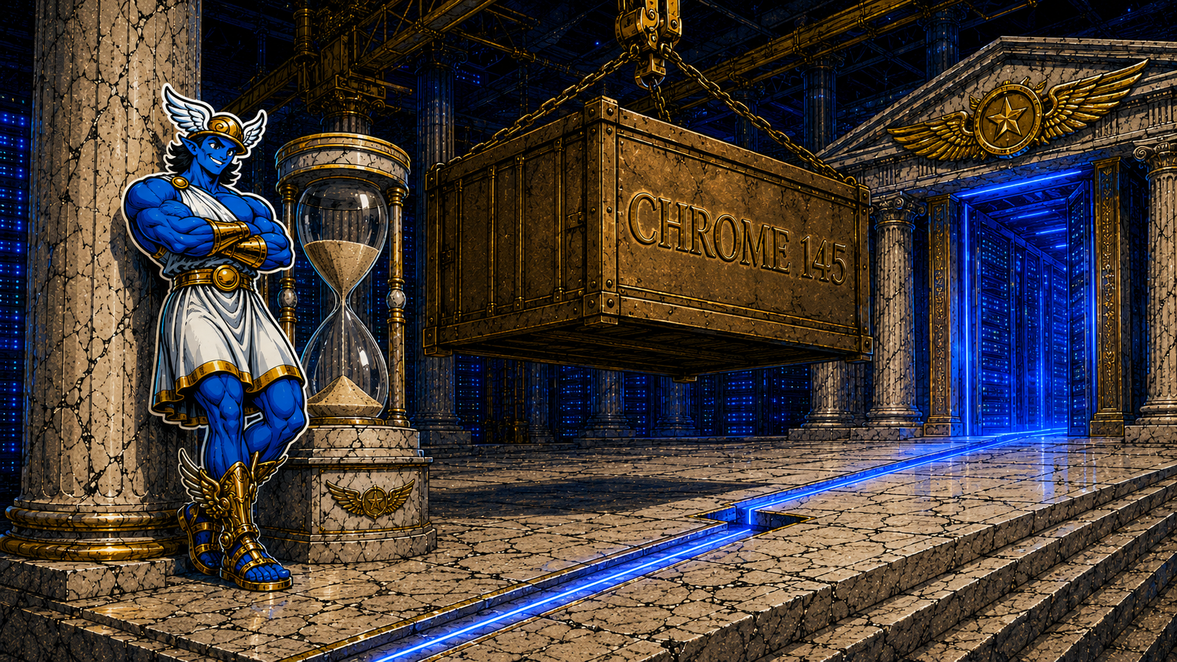 Hermes mascot waiting with crossed arms beside a marble hourglass while a huge bronze crate engraved CHROME 145 hangs half lowered from a crane, a floor progress groove stopped halfway