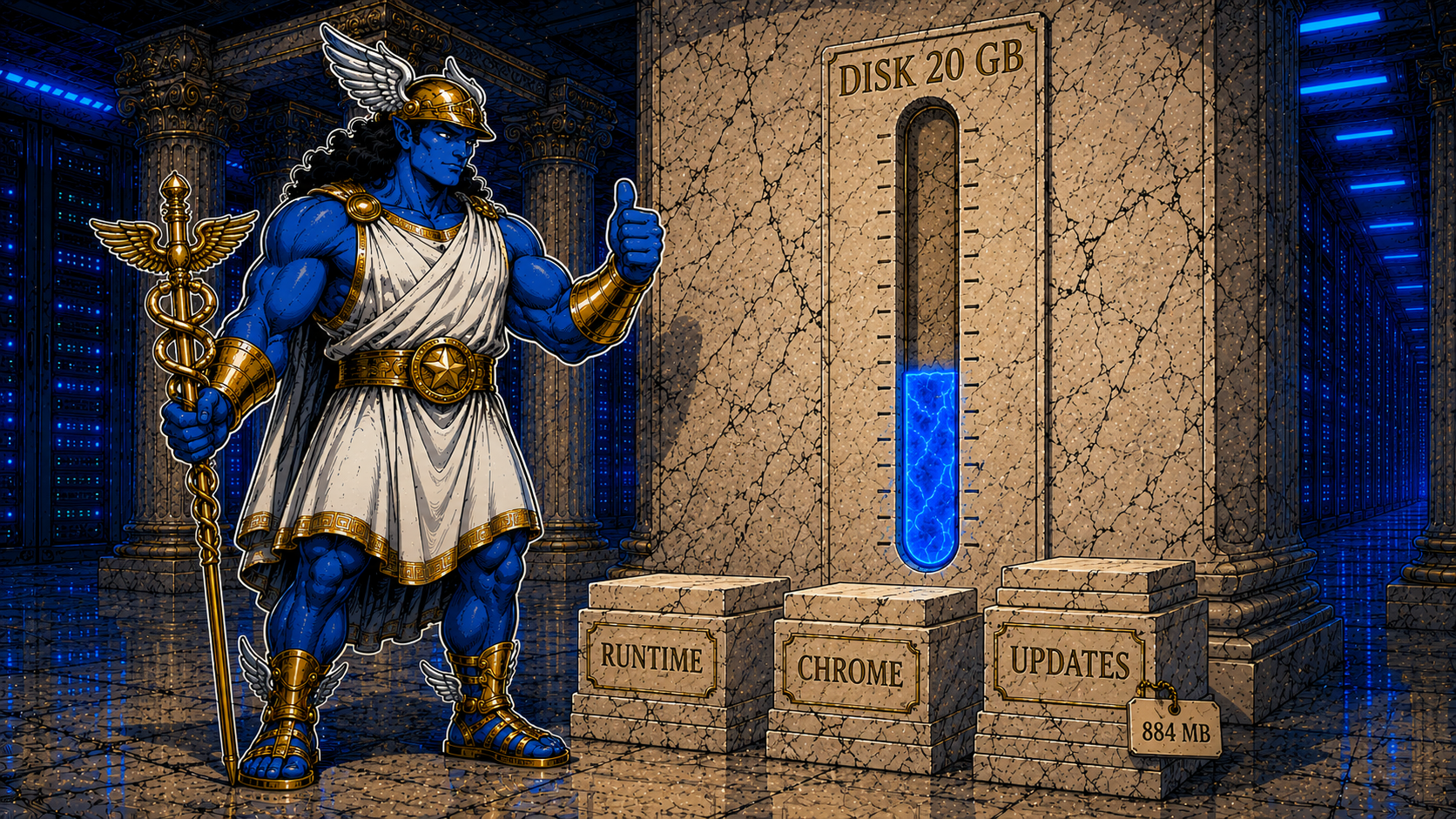 Hermes mascot giving a thumbs up beside a marble wall gauge engraved DISK 20 GB about one third full, above stone block stacks labeled RUNTIME, CHROME and UPDATES with an 884 MB tag