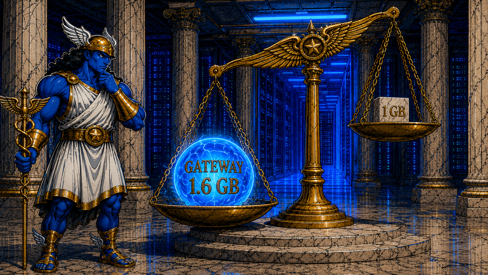 A bronze balance scale with a glowing orb engraved GATEWAY 1.6 GB sinking one pan while a small marble cube engraved 1 GB rises on the other, watched by the Hermes mascot
