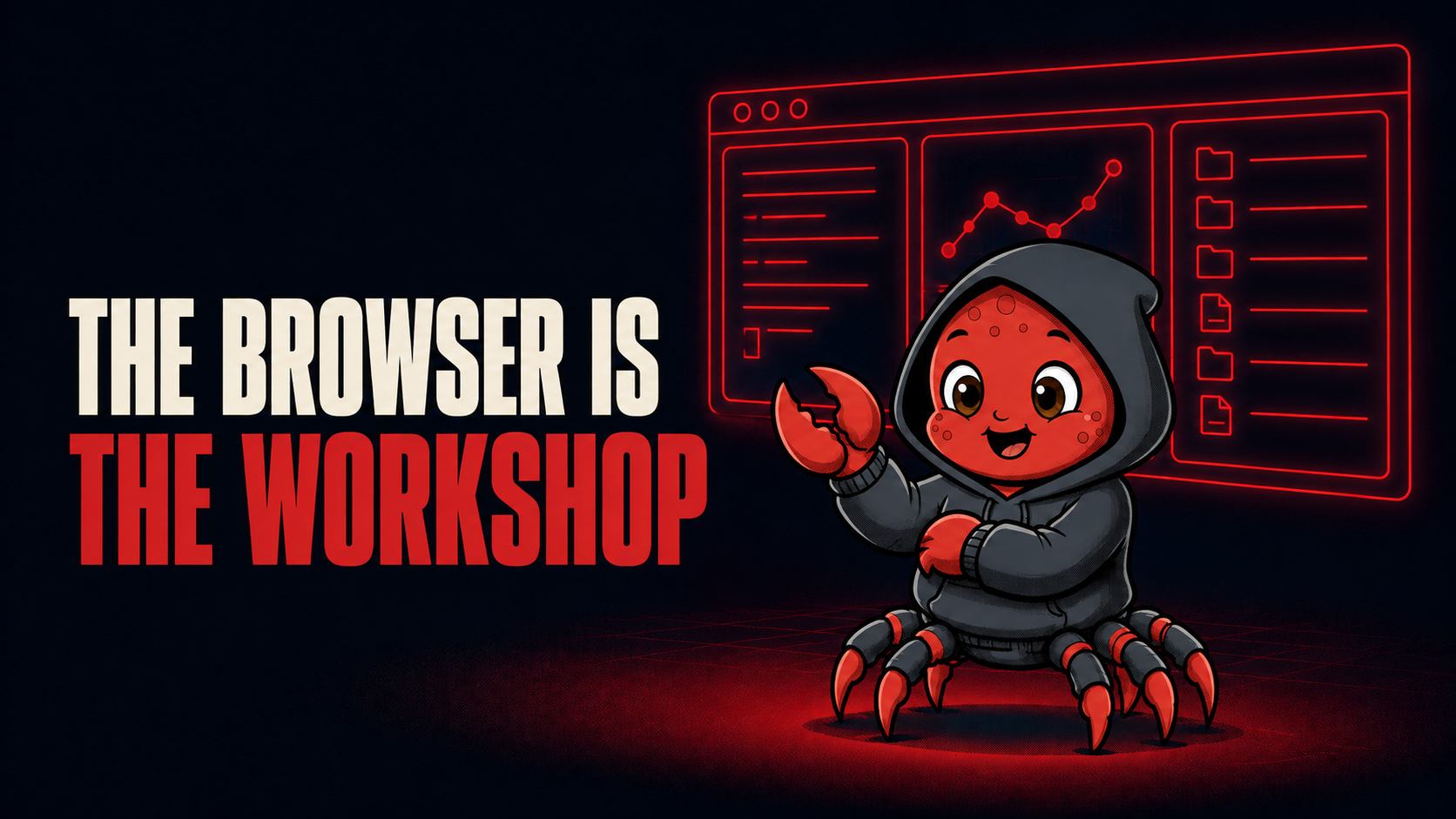 The OpenClaw crab mascot presenting a browser window split into a terminal, a chart widget and a file list