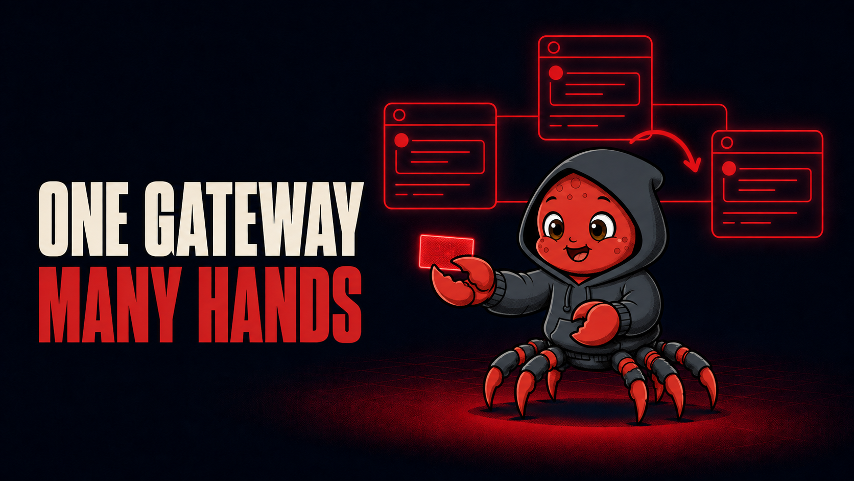 The OpenClaw crab mascot handing a glowing session card toward three linked chat session windows