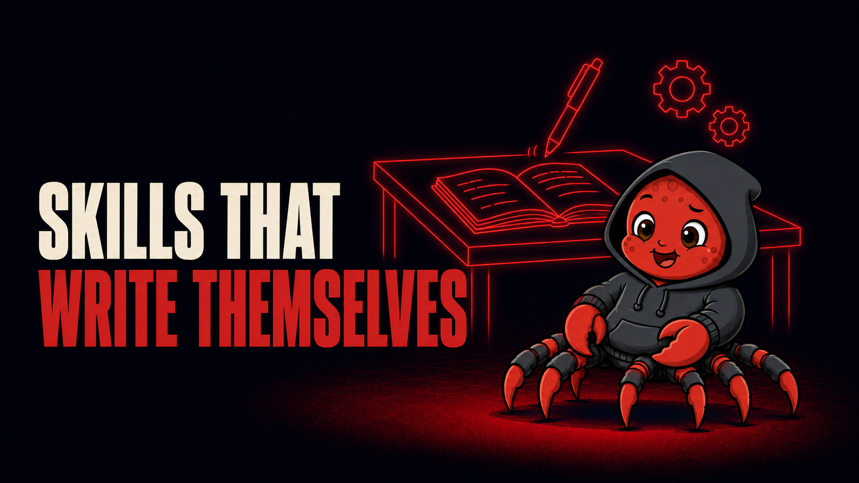 The OpenClaw crab mascot watching a pen write by itself in a notebook on a workbench
