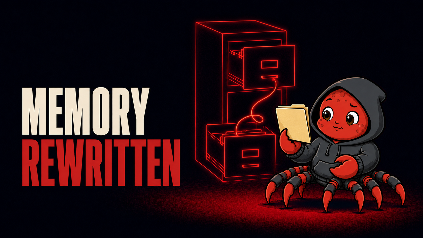 The OpenClaw crab mascot holding a folder in front of a filing cabinet with two open drawers