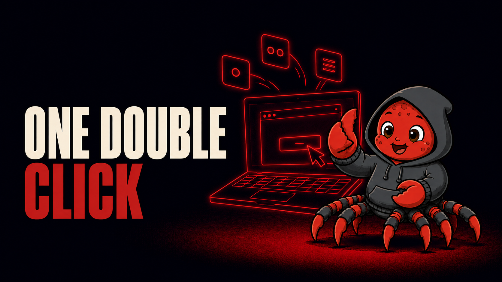 The OpenClaw crab mascot giving a thumbs up beside a laptop showing a one button installer