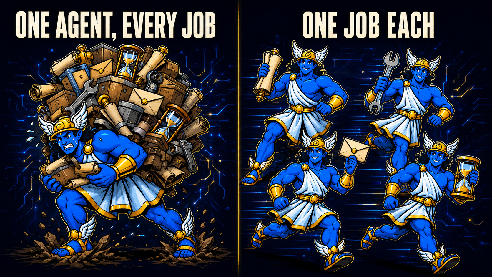 Left: a single Hermes buckling under an enormous stack of scrolls, tools and envelopes, labelled one agent every job. Right: four Hermes figures moving fast, each carrying one item, labelled one job each.