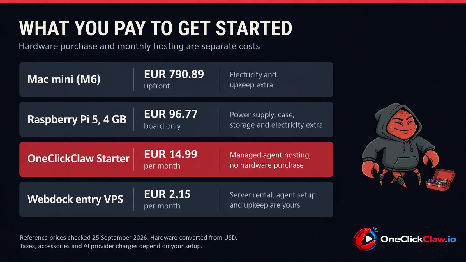Hardware purchase costs and monthly VPS hosting costs
