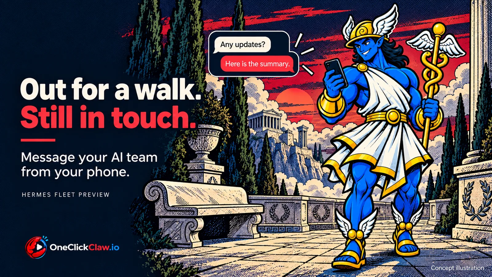 Hermes reads a message while walking near a Greek temple, comic illustration