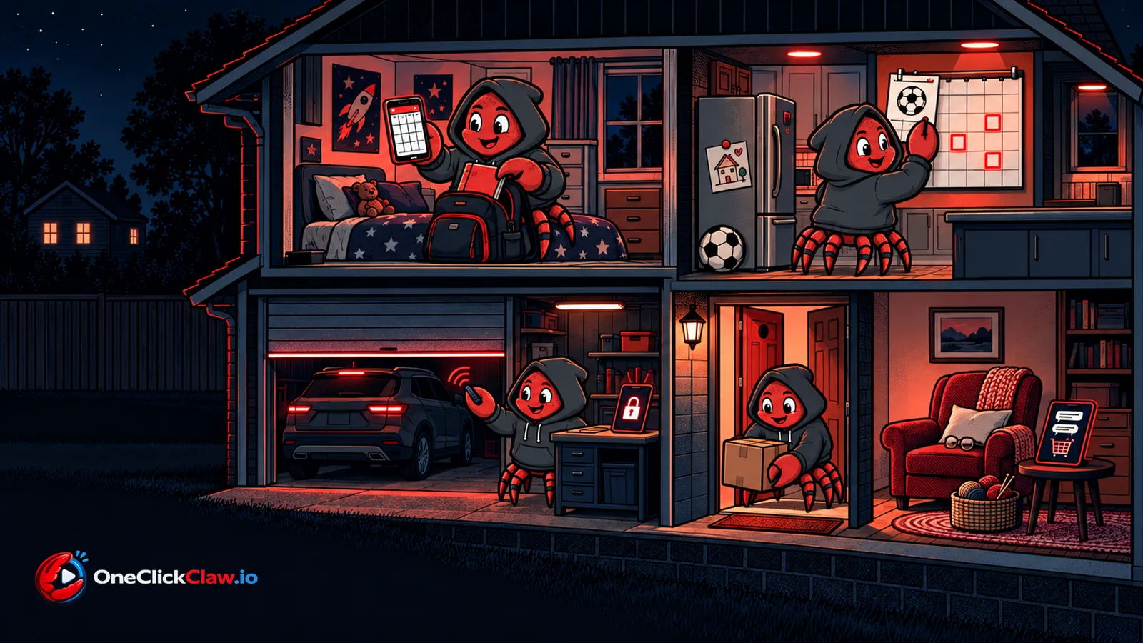 Illustration: a house in cutaway at night where the OneClickClaw crab packs a school backpack from a timetable, marks soccer games on a family calendar, closes a garage door and brings in an order.
