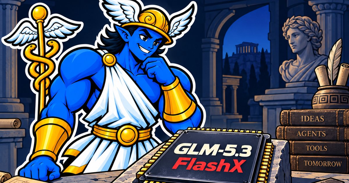 Illustration: Hermes, the Hermes Agent mascot, beside a chip labelled GLM-5.3 FlashX in an ancient Greek workshop. The chip represents the software model.