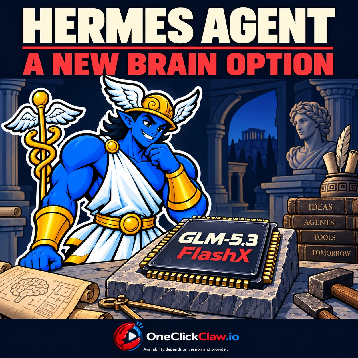 Illustration: Hermes, the Hermes Agent mascot, beside a chip labelled GLM-5.3 FlashX in an ancient Greek workshop. The chip represents the software model.
