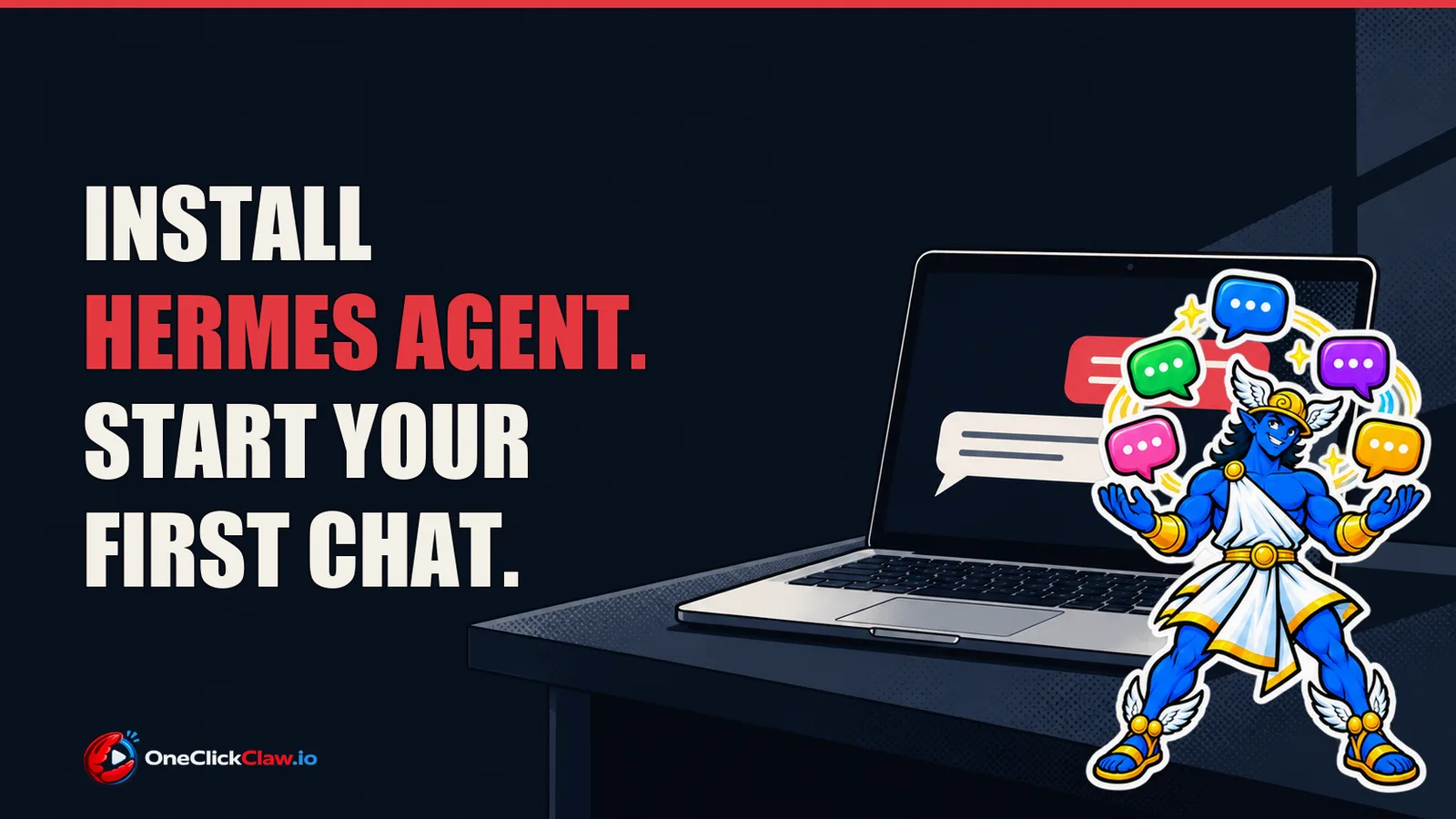 Hermes Agent beside a laptop showing a first chat