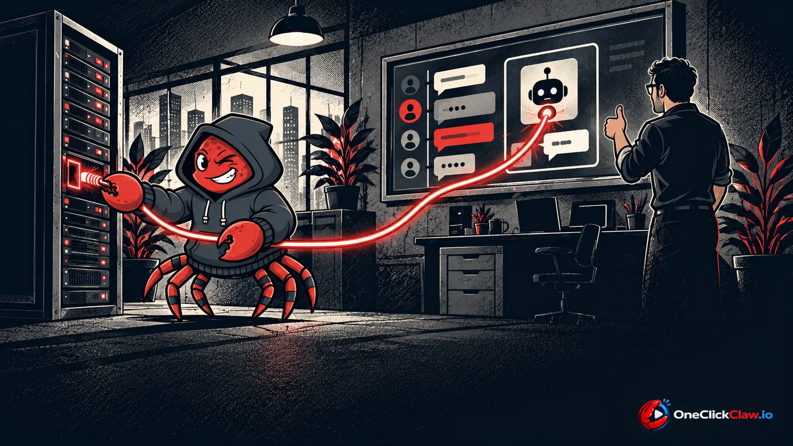 The OneClickClaw crab connecting its own server to a team chat window.