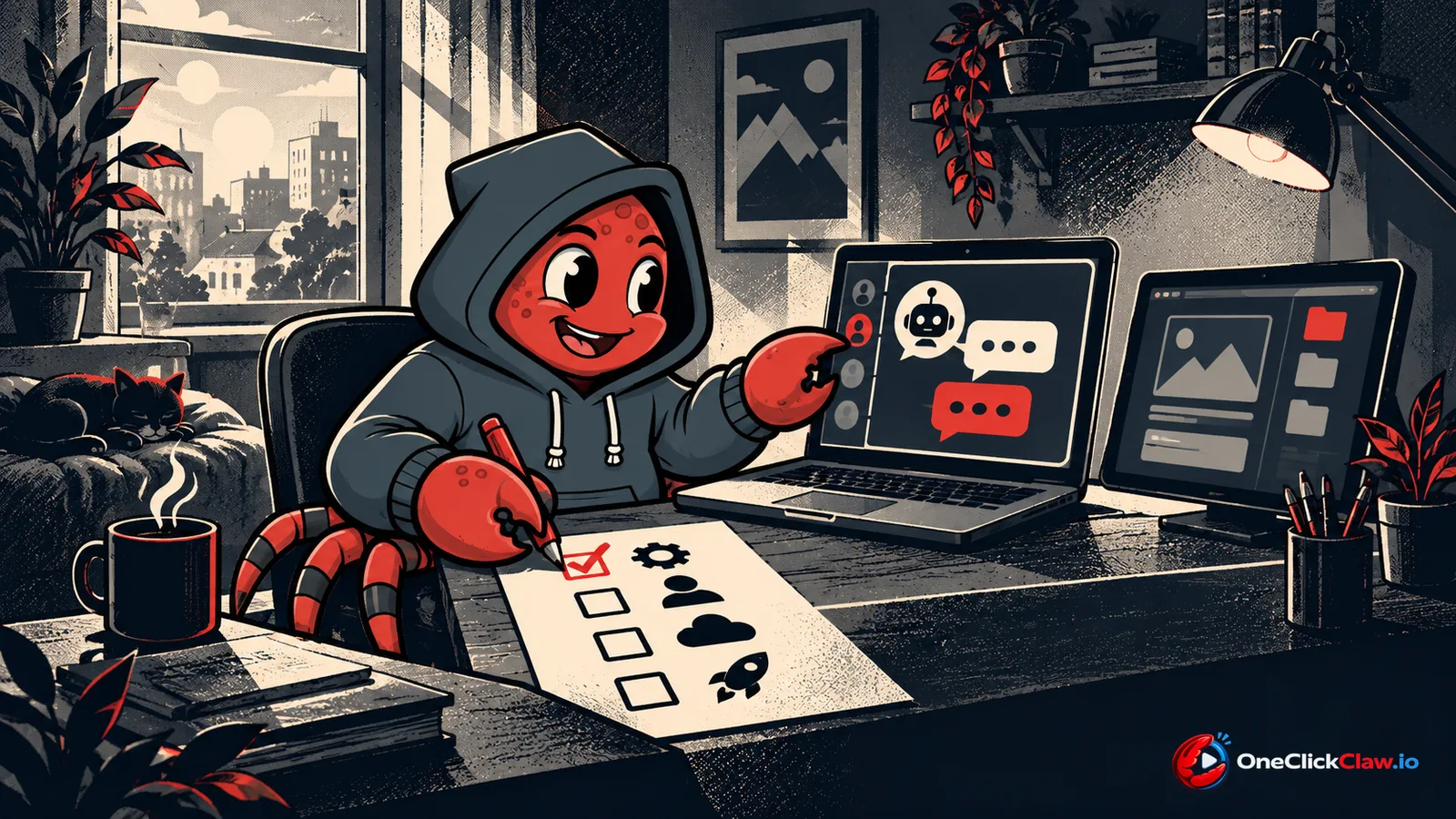 The OneClickClaw crab at home, preparing its first tasks on a laptop.