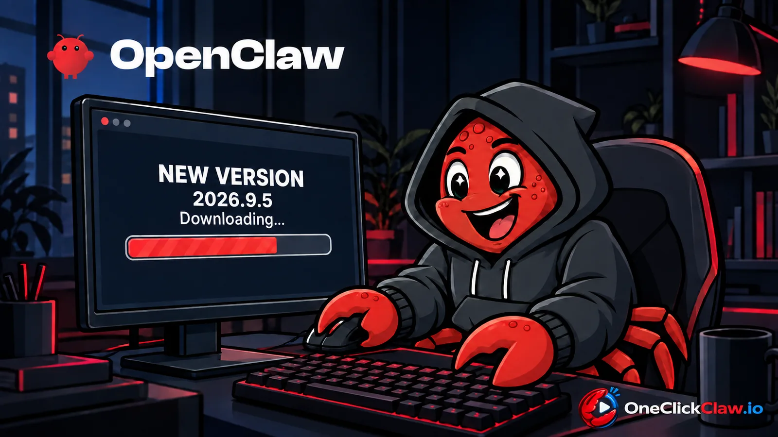 The OpenClaw crab downloads version 2026.9.5 at a computer.