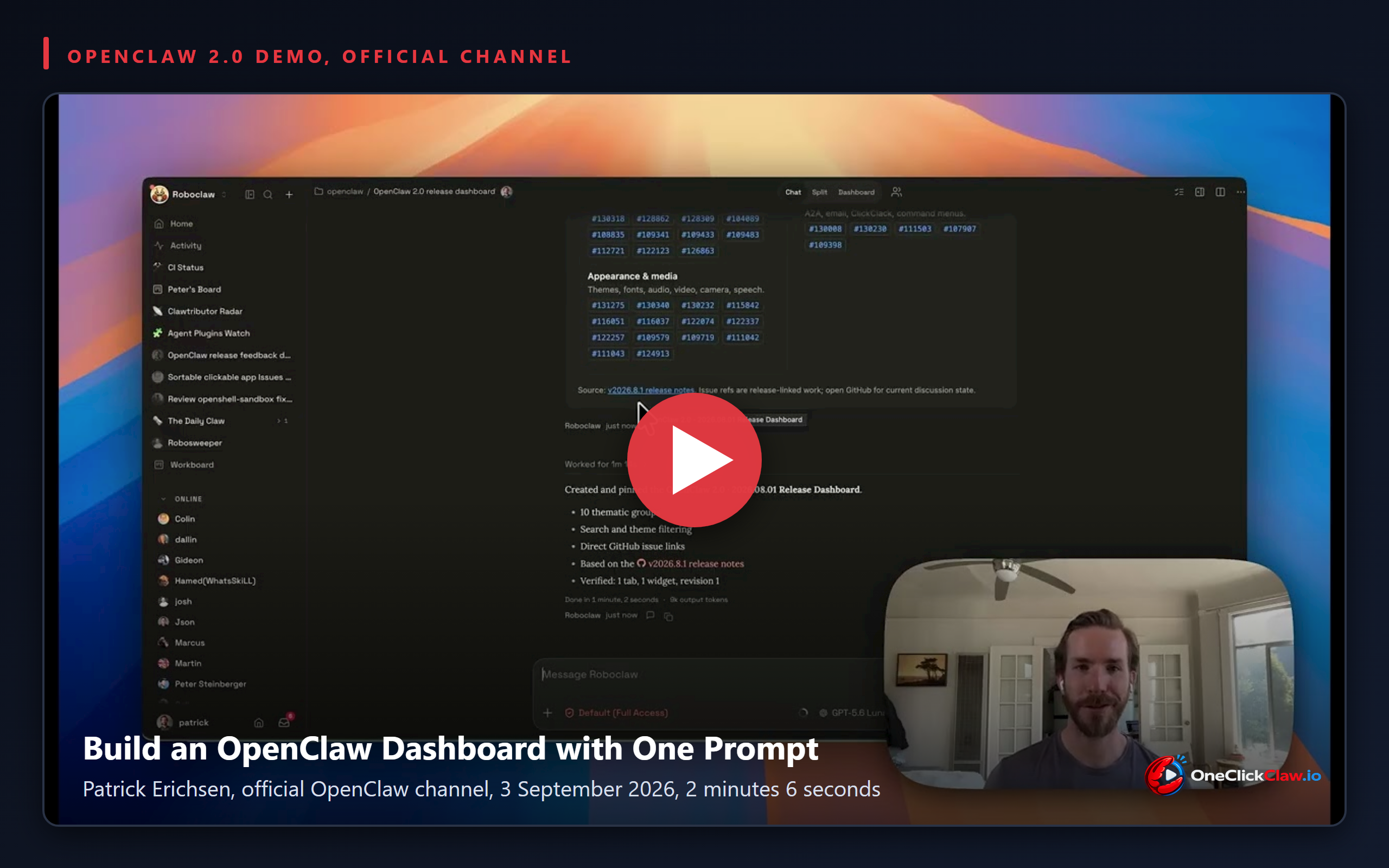 Still from the official OpenClaw video Build an OpenClaw Dashboard with One Prompt, published 3 September 2026, with Patrick Erichsen and the OpenClaw 2.0 release dashboard on screen.