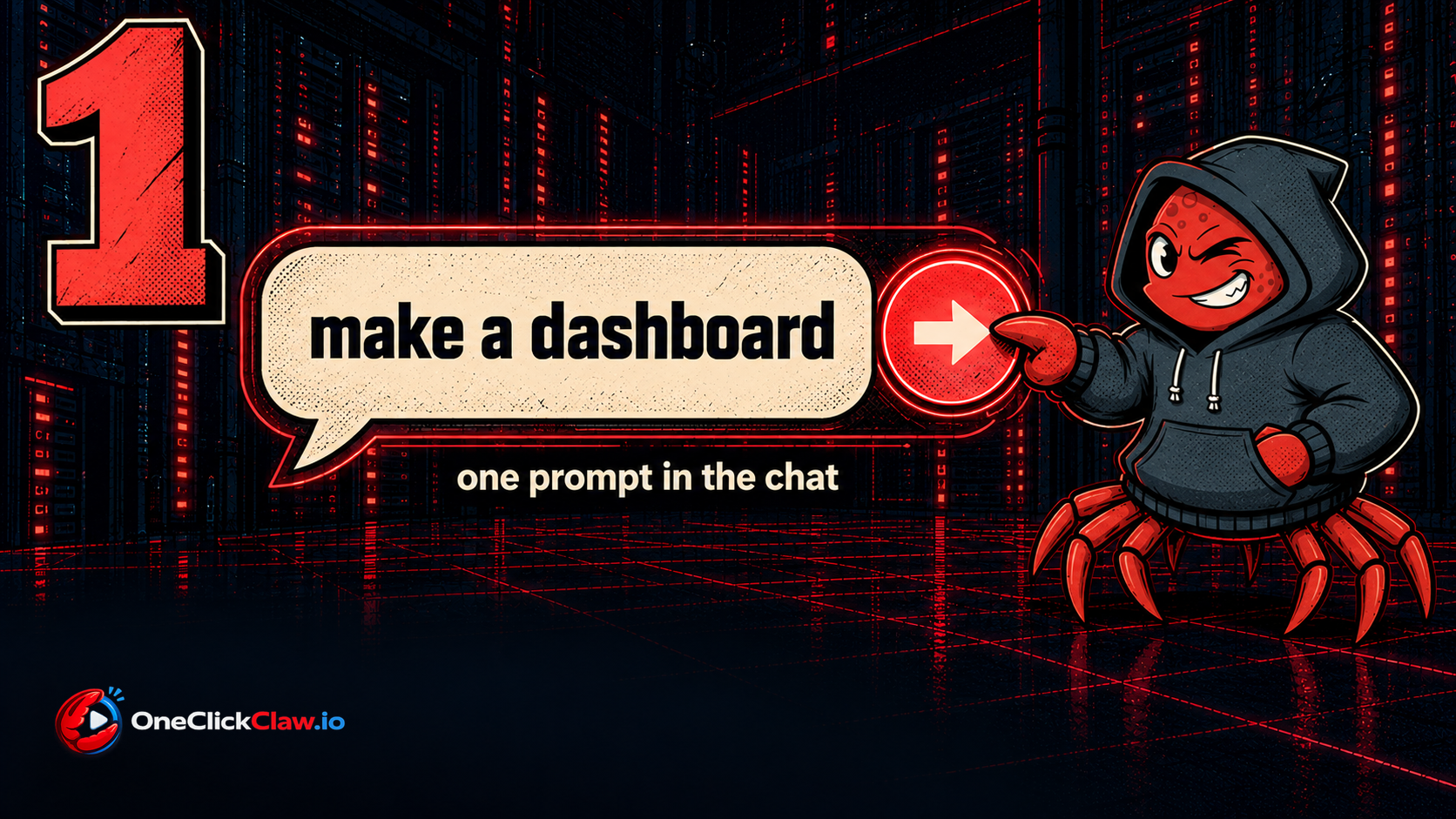Step 1 in red comic style: a giant chat bubble with the words make a dashboard next to a big red send button pressed by the OpenClaw crab mascot.