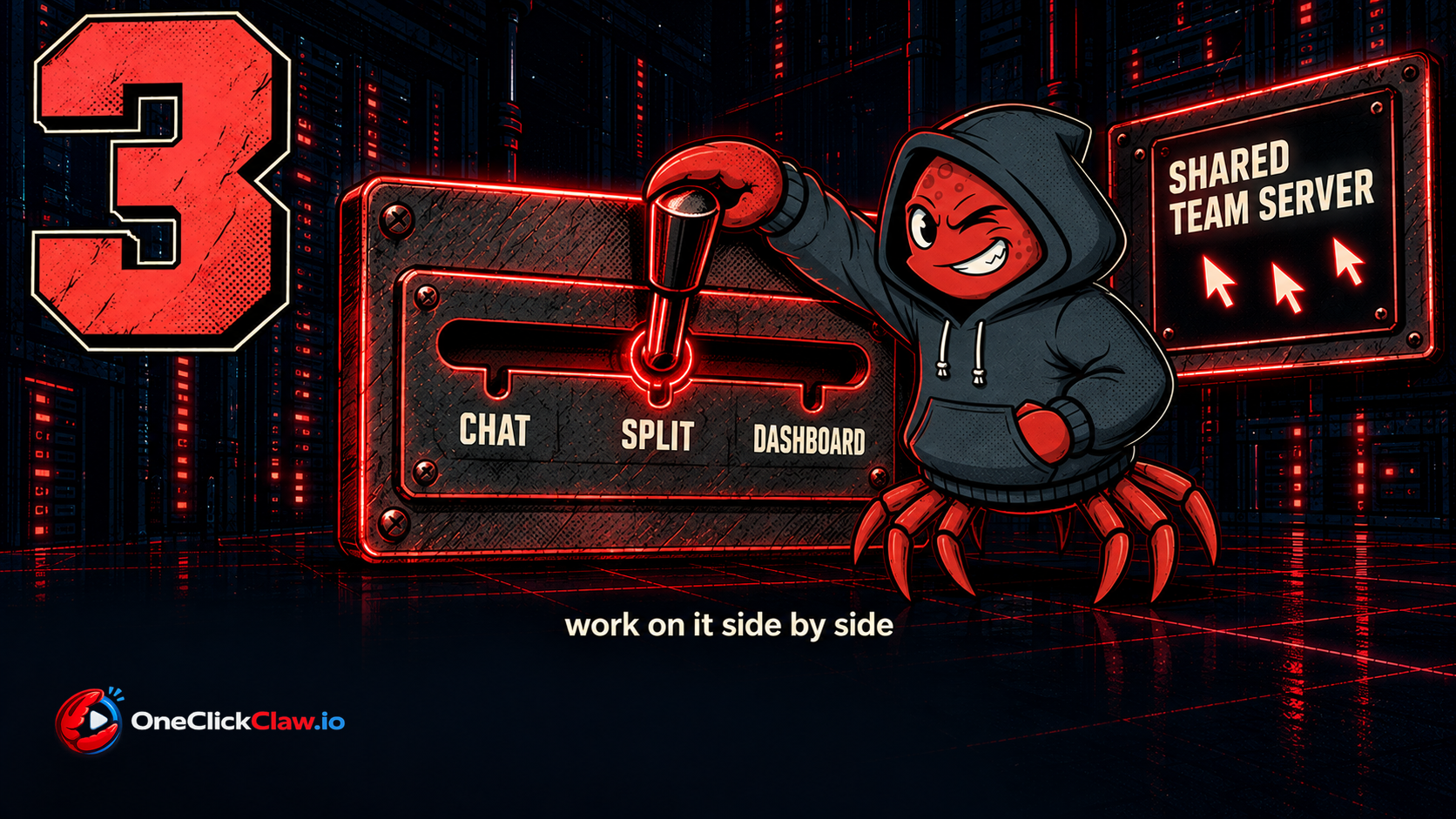 Step 3 in red comic style: a three position lever switch labelled chat, split and dashboard set on split, a sign reading shared team server, and the OpenClaw crab mascot with one claw on the lever.