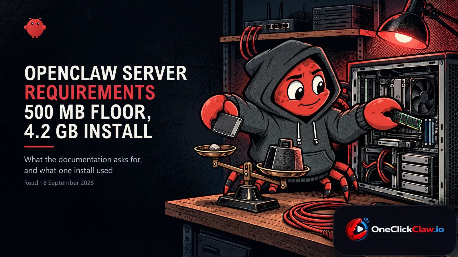OpenClaw Server Requirements: the 500 MB floor and the 4.2 GB install. The OpenClaw crab mascot slots a memory stick into an open tower server while weighing a drive on a balance scale tipped hard to the heavy side.