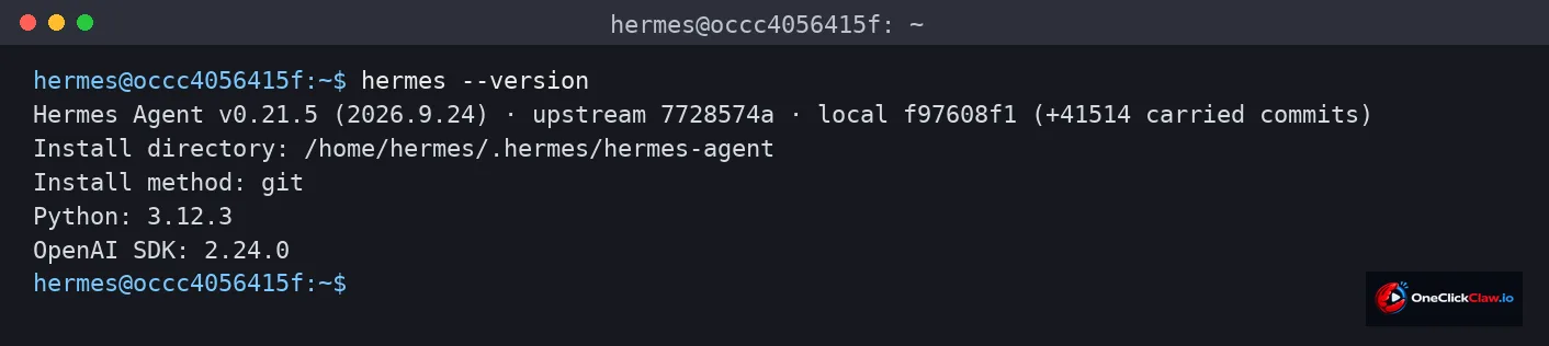 Terminal output of the hermes --version command on a Hermes Agent server