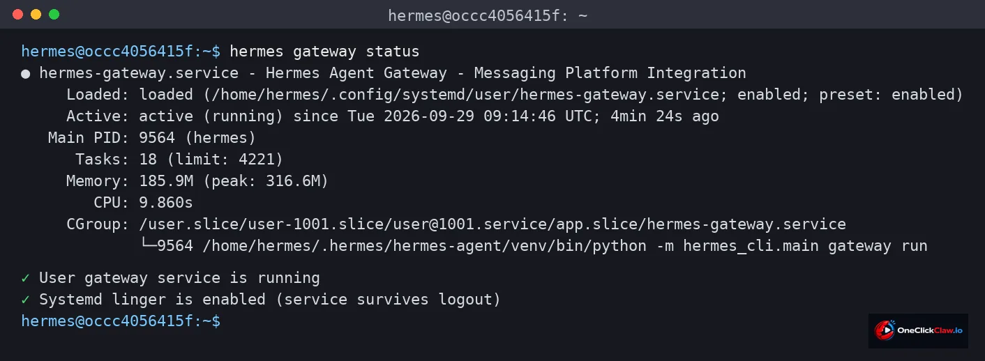 Terminal output of the hermes gateway status command showing the gateway running