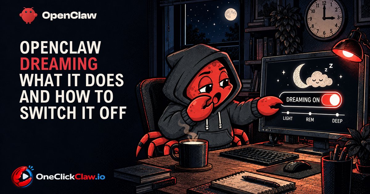 The OpenClaw crab mascot, sleepy at 3 in the morning, clicking the Dreaming On switch on his monitor