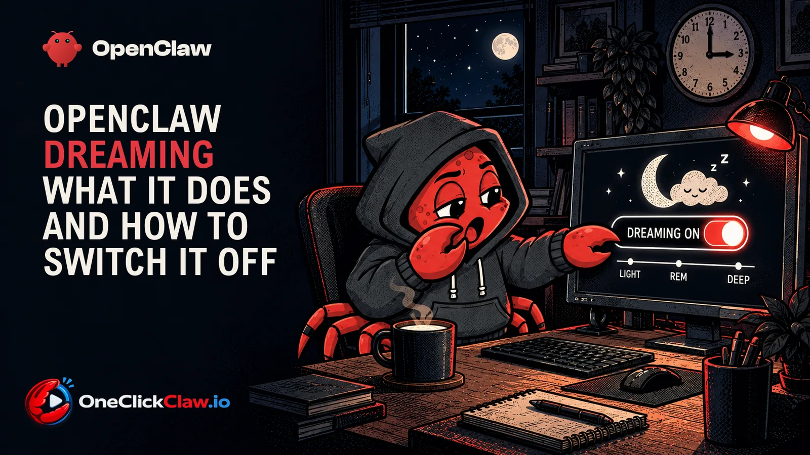The OpenClaw crab in its hoodie, yawning at a desk at 3 in the morning, reaching for the Dreaming switch on its screen