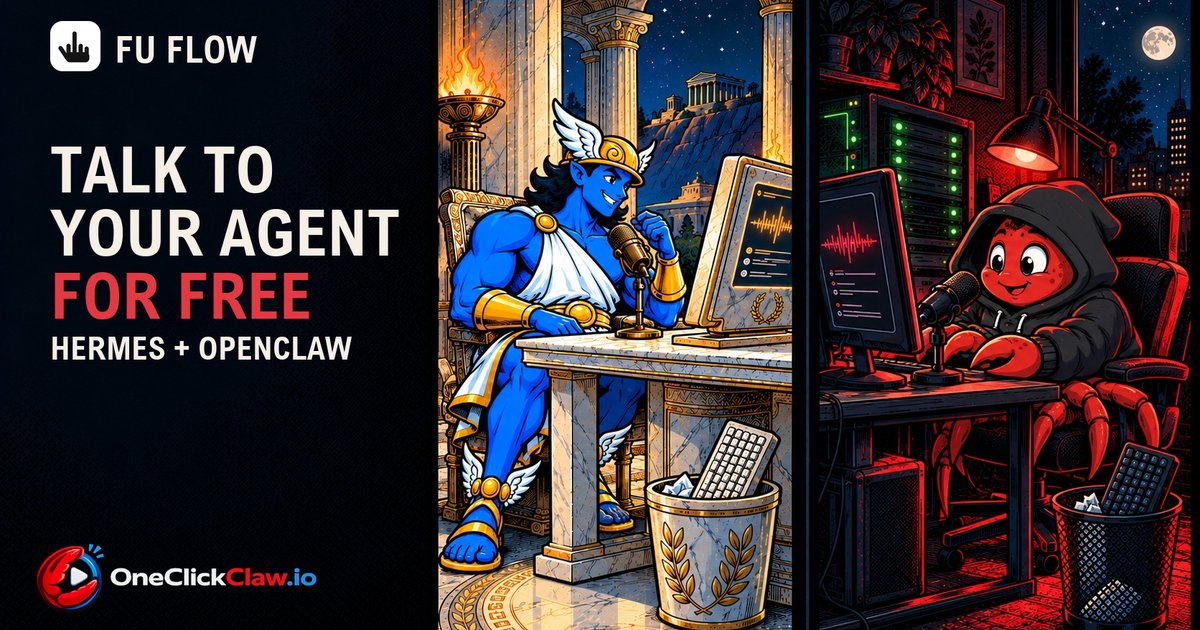 Hermes Agent at a marble desk and the OpenClaw crab at a black server desk, each talking into a microphone, their keyboards thrown in the trash, with the headline Talk to your agent for free
