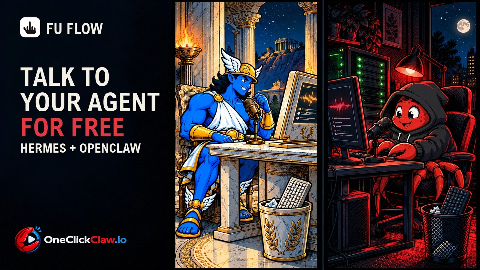Hermes Agent at a marble desk and the OpenClaw crab at a black server desk, each talking into a microphone, their keyboards thrown in the trash, with the headline Talk to your agent for free