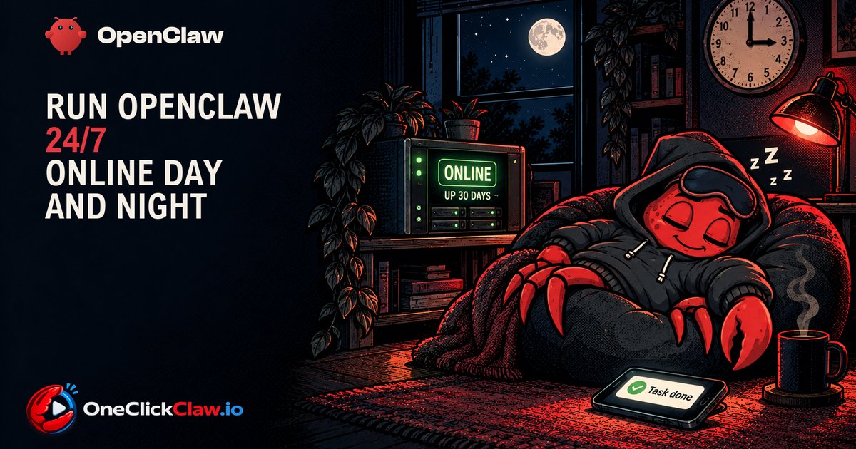The OpenClaw crab asleep in a beanbag at 3 in the morning while a small server next to him glows ONLINE and his phone shows Task done