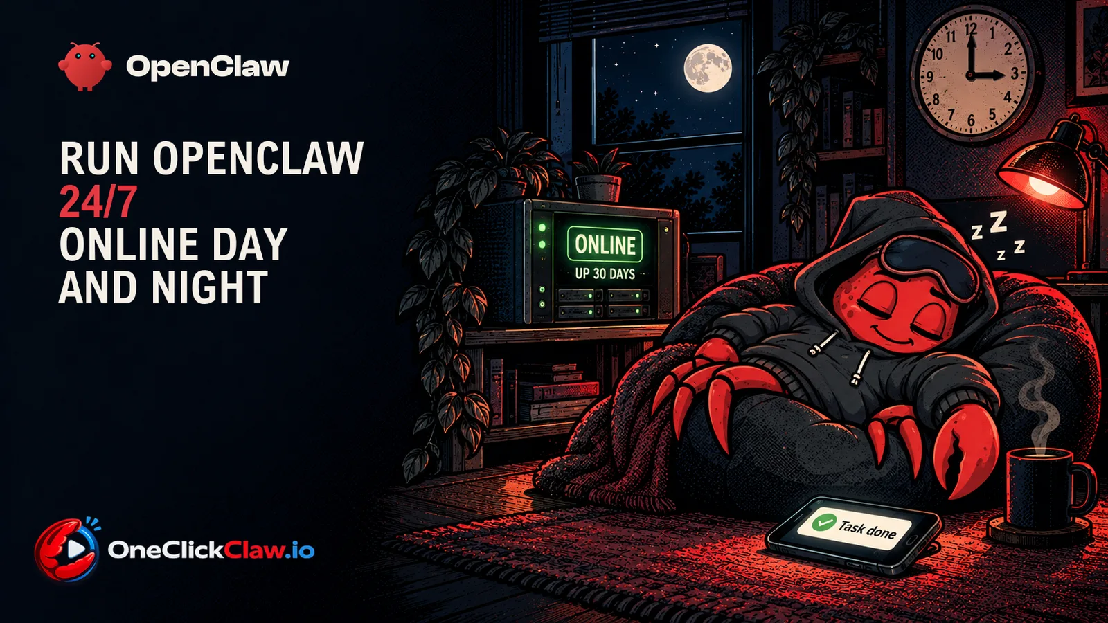 The OpenClaw crab asleep in a beanbag at 3 in the morning while a small server next to him glows ONLINE and his phone shows Task done