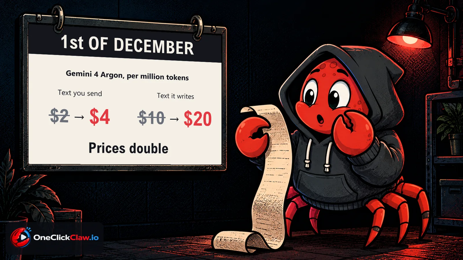 Comic illustration of a surprised OpenClaw crab holding a long receipt in front of a calendar marked the 1st of December, when Gemini 4 Argon prices double.