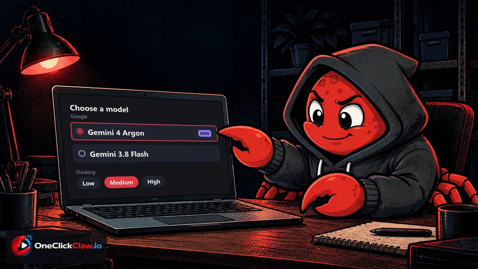 Comic illustration of the OpenClaw crab pointing at a laptop showing a Choose a model list with Gemini 4 Argon ticked.