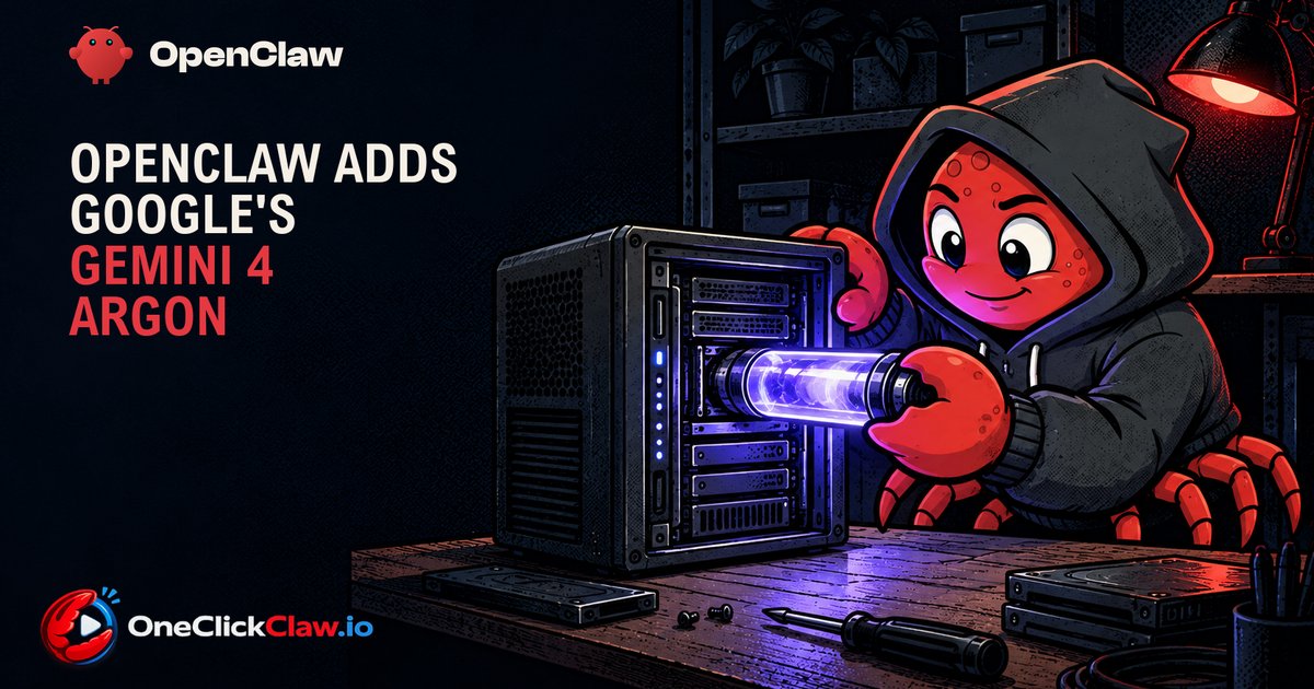 Comic illustration of the OpenClaw crab fitting a glowing purple Argon tube into its server, under the headline OpenClaw adds Gemini 4 Argon.