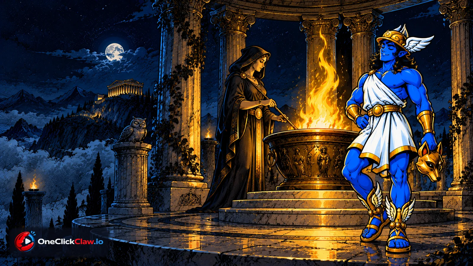 Comic illustration of Hermes standing beside the goddess Hestia's hearth on Mount Olympus at night, a fire that never goes out.