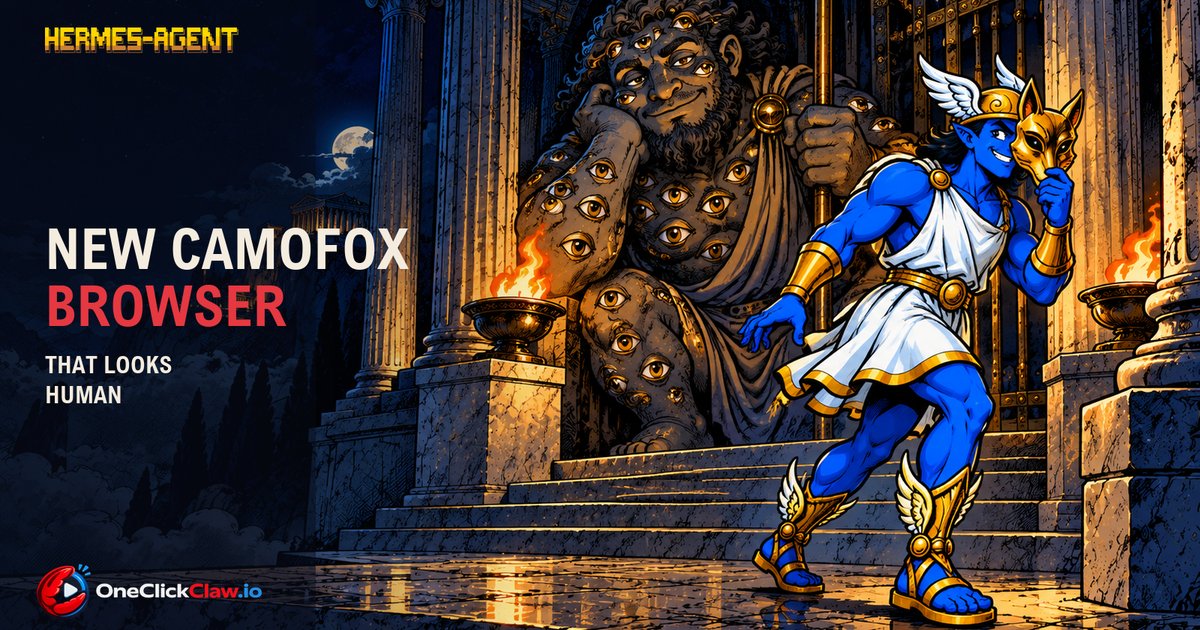 Comic illustration of Hermes holding a fox mask as he slips past Argus, the hundred-eyed guard, under the headline new Camofox browser that looks human.