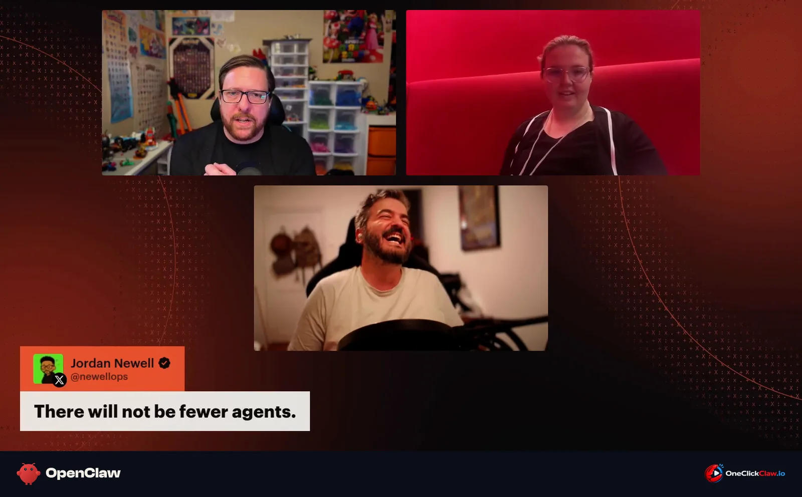 Frame from The ClawCast with a viewer comment on screen: There will not be fewer agents.