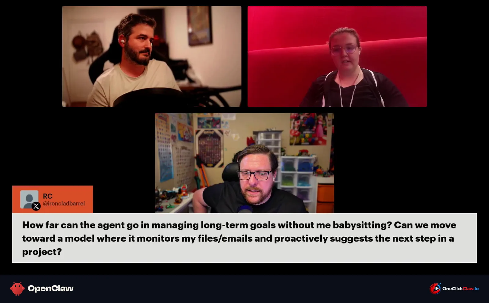 Frame from The ClawCast with a viewer question on screen about how far an agent can go in managing long-term goals.